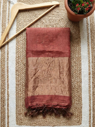 Indiehaat | Pure Handloom Silk Linen Saree Orange