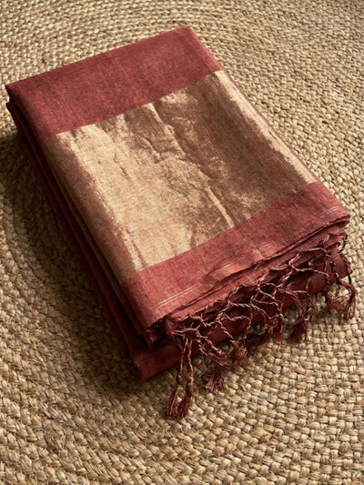 Indiehaat | Pure Handloom Silk Linen Saree Orange