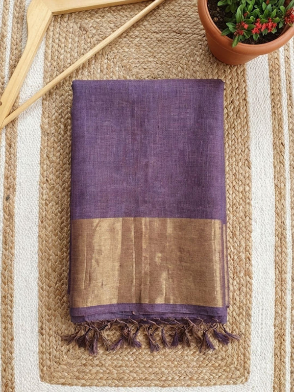 Indiehaat | Pure Handloom Silk Linen Saree Purple