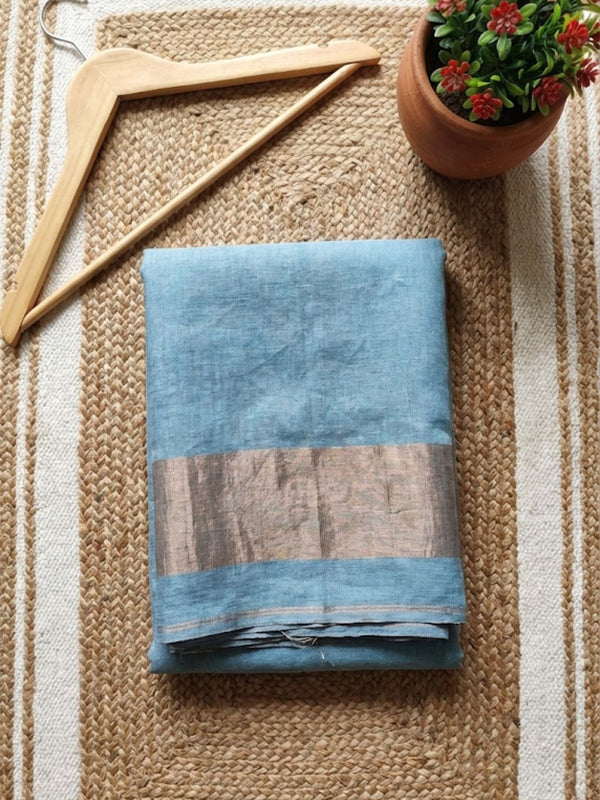 Indiehaat | Pure Handloom Silk Linen Saree Blue