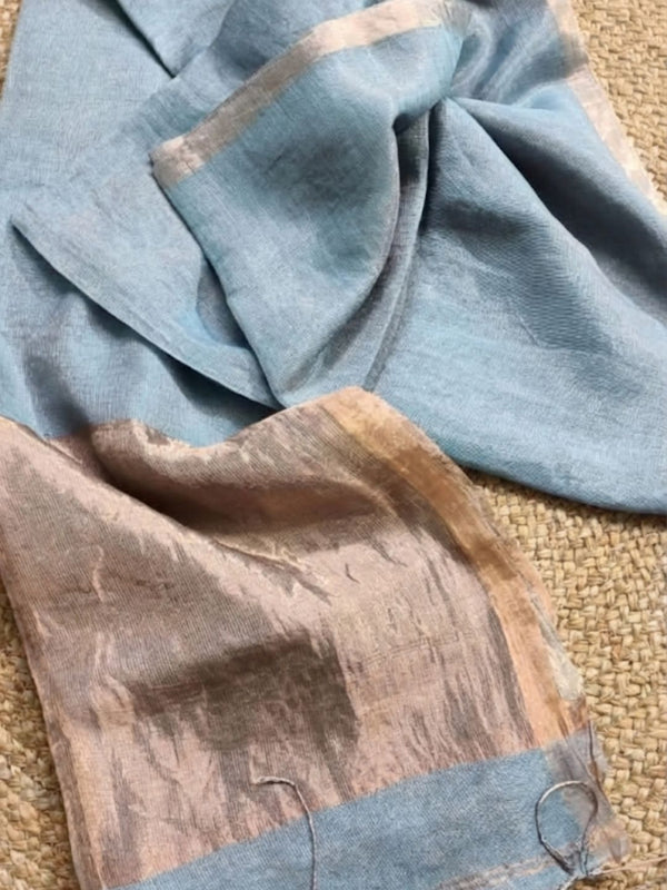 Indiehaat | Pure Handloom Silk Linen Saree Blue