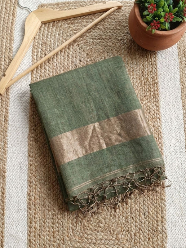 Indiehaat | Pure Handloom Silk Linen Saree Green