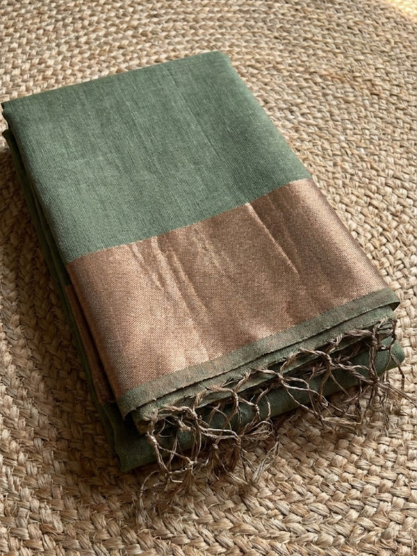 Indiehaat | Pure Handloom Silk Linen Saree Green