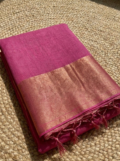 Indiehaat | Pure Handloom Silk Linen Saree Pink