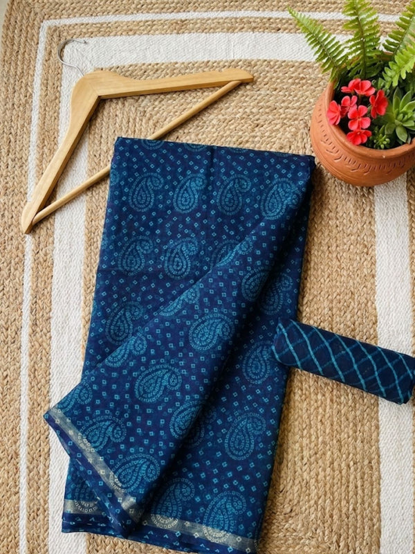 Indiehaat | Kota Doria Lehariya Bandhej Saree Blue