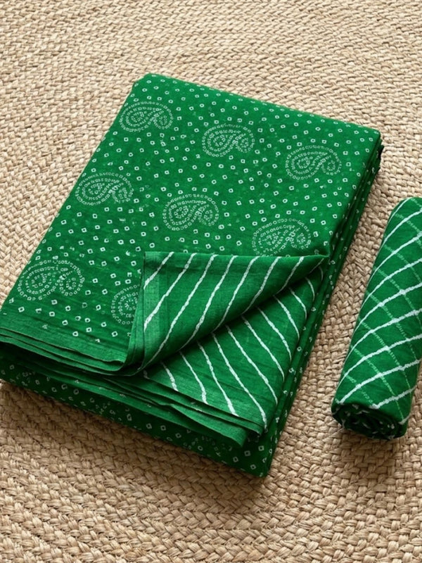 Indiehaat | Kota Doria Lehariya Bandhej Saree Green