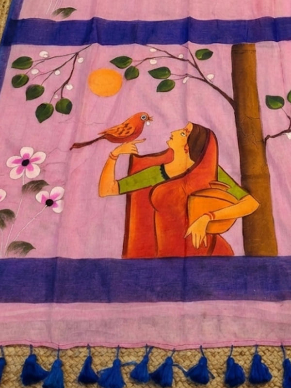 Indiehaat | Pure Mul Cotton HandPainted Saree Pink