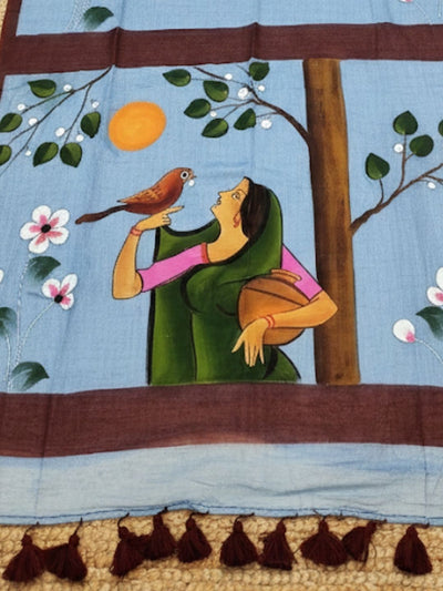 Indiehaat | Pure Mul Cotton HandPainted Saree Blue