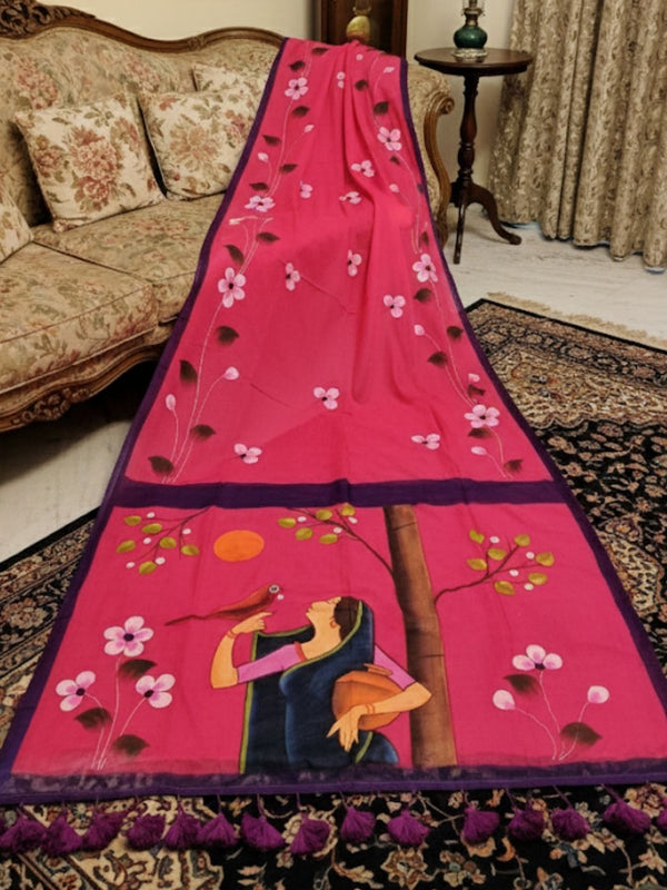 Indiehaat | Pure Mul Cotton HandPainted Saree Pink