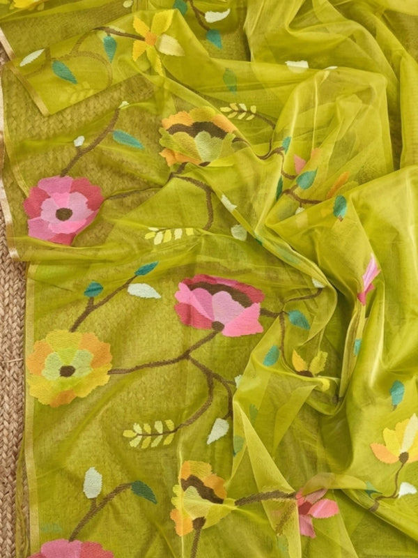 Indiehaat | Muslin Jamdani Silk Saree Handloom Green