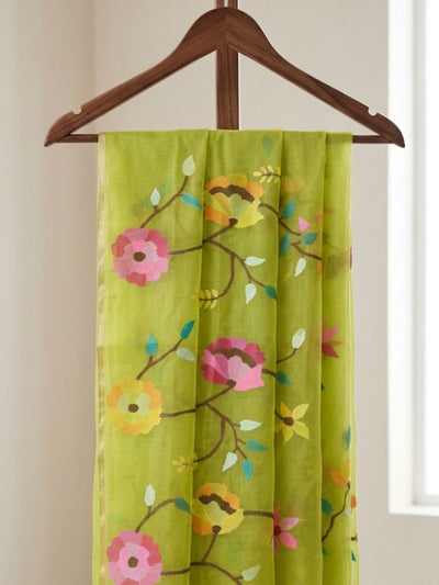 Indiehaat | Muslin Jamdani Silk Saree Handloom Green