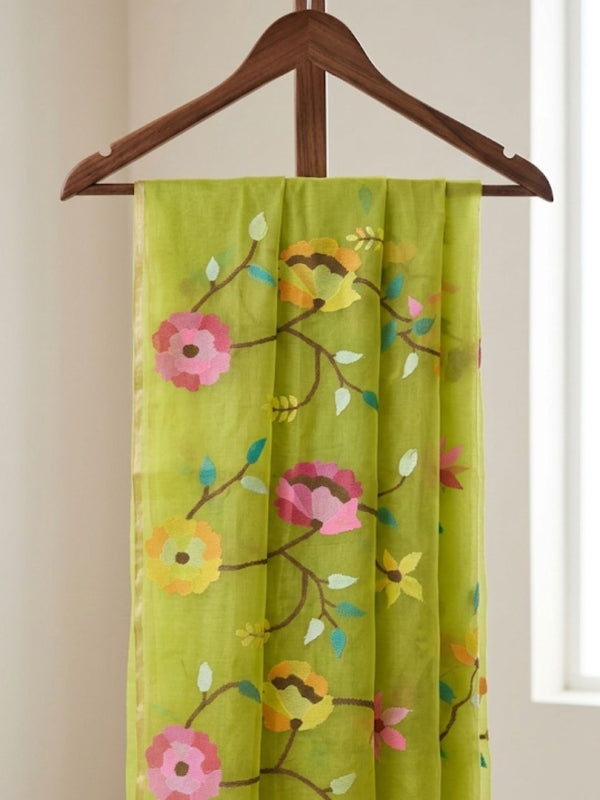 Indiehaat | Muslin Jamdani Silk Saree Handloom Green