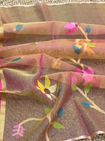 Indiehaat | Muslin Jamdani Silk Saree Handloom Beige
