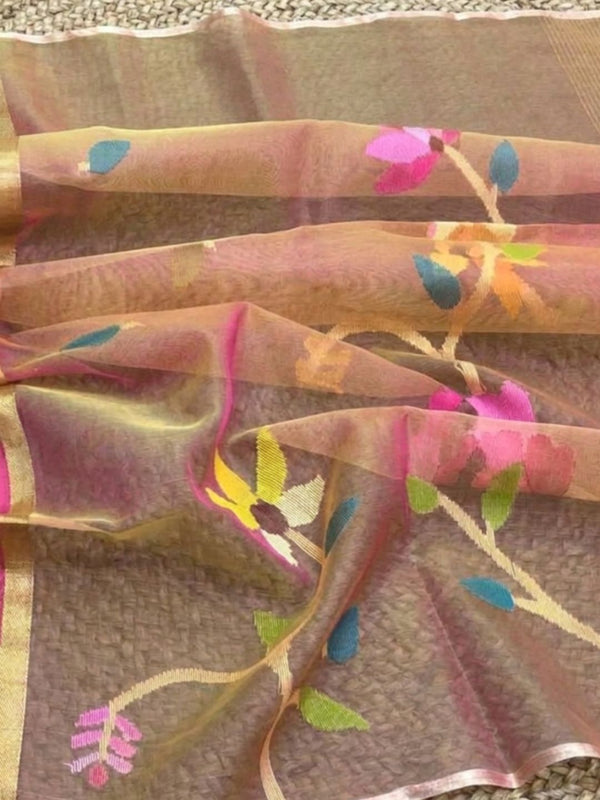Indiehaat | Muslin Jamdani Silk Saree Handloom Beige