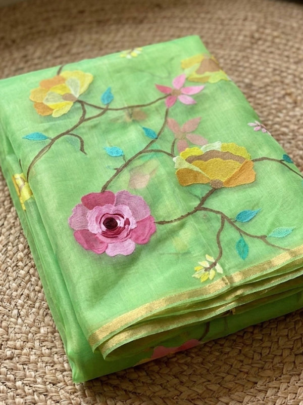 Indiehaat | Muslin Jamdani Silk Saree Handloom Green