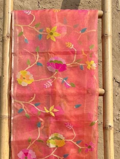 Indiehaat | Muslin Jamdani Silk Saree Handloom Pink
