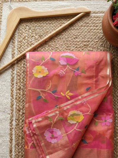 Indiehaat | Muslin Jamdani Silk Saree Handloom Pink