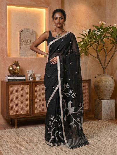Indiehaat | Pure Mul Cotton Handloom Saree Black