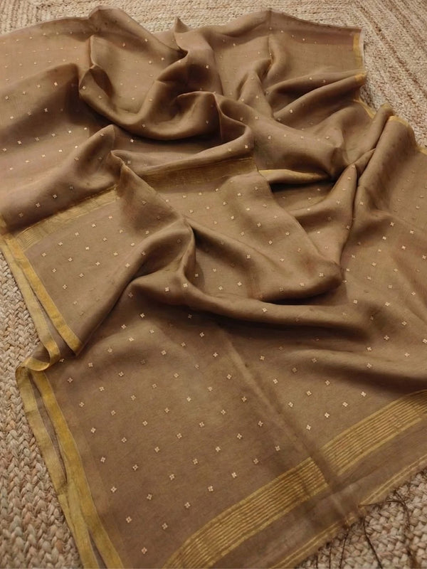 Indiehaat | Muslin Silk Jamdani Sequin Saree Brown