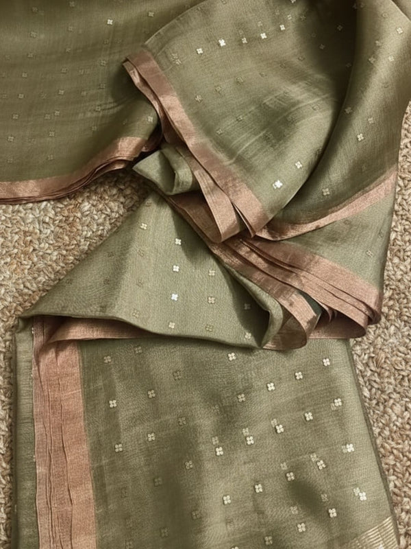 Indiehaat | Muslin Silk Jamdani Sequin Saree Green