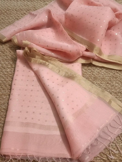 Indiehaat | Muslin Silk Jamdani Sequin Saree Pink