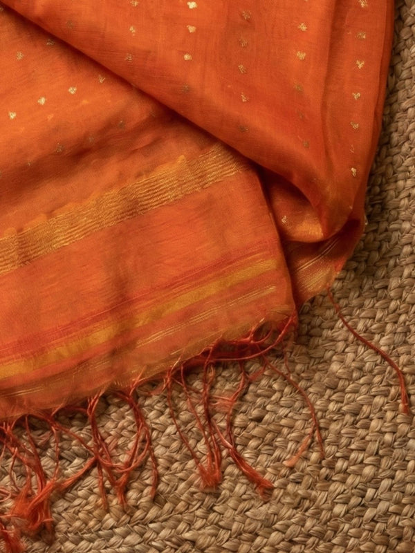 Indiehaat | Muslin Silk Jamdani Sequin Saree Orange