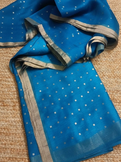 Indiehaat | Muslin Silk Jamdani Sequin Saree Blue
