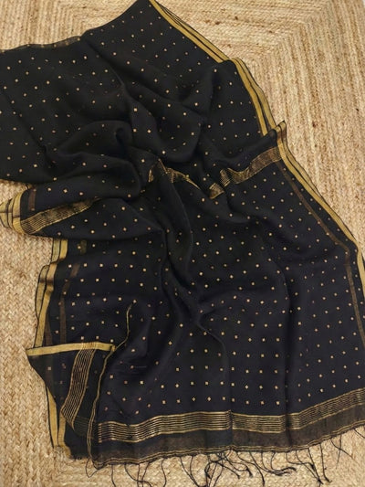 Indiehaat | Muslin Silk Jamdani Sequin Saree Black