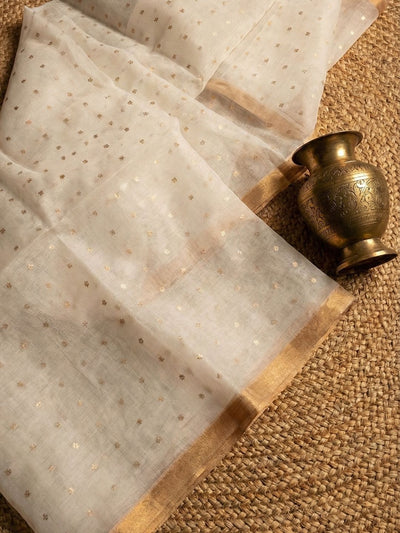 Indiehaat | Muslin Silk Jamdani Sequin Saree White
