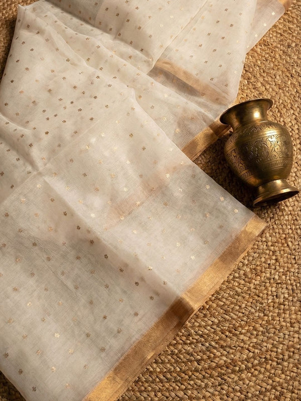 Indiehaat | Muslin Silk Jamdani Sequin Saree White