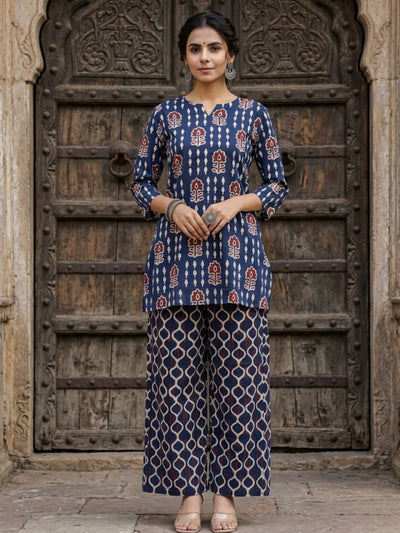 Ruhika Blockprinted Pure Cotton Co-Ord Set Deep Blue