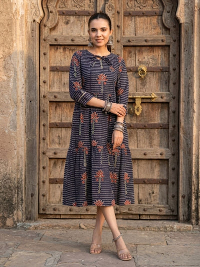 Indiehaat | Blockprinted Cotton Frill Dress Blue
