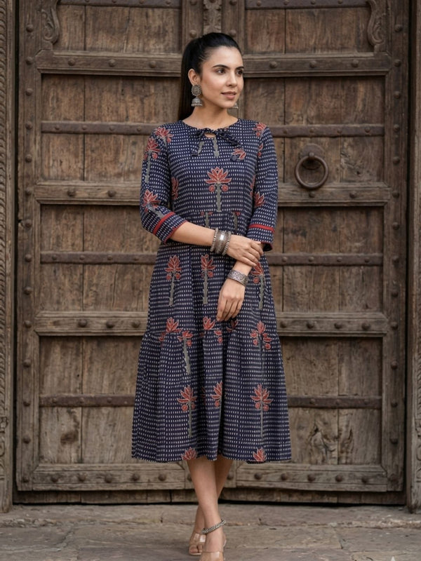 Indiehaat | Blockprinted Cotton Frill Dress Blue
