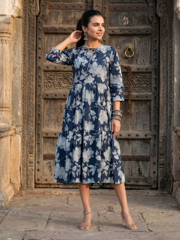 Indiehaat | Blockprinted Cotton Frill Dress Blue