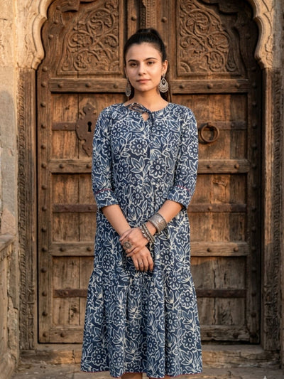 Indiehaat | Blockprinted Cotton Frill Dress Blue