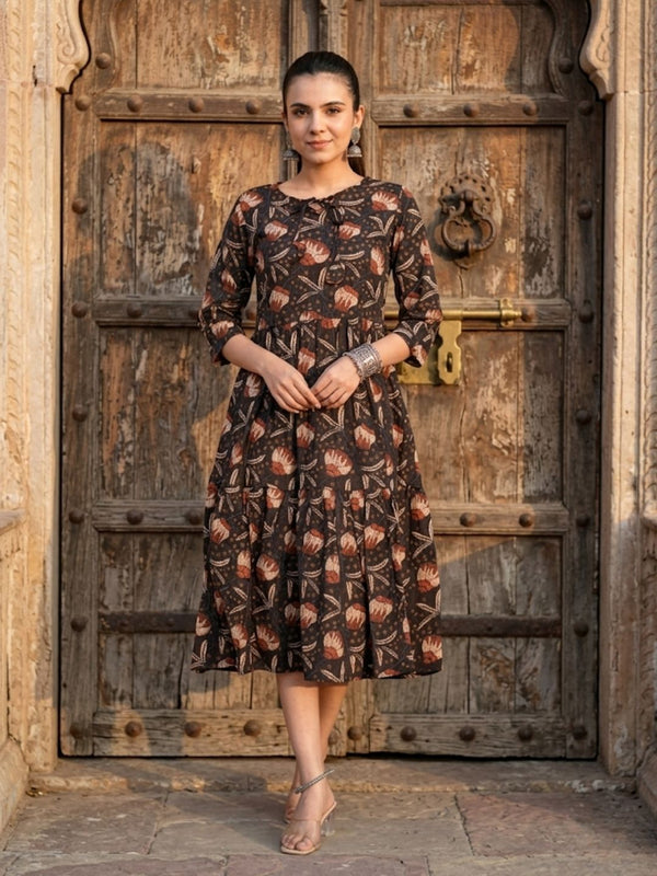 Indiehaat | Blockprinted Cotton Frill Dress Brown