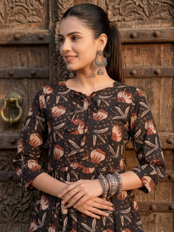 Indiehaat | Blockprinted Cotton Frill Dress Brown