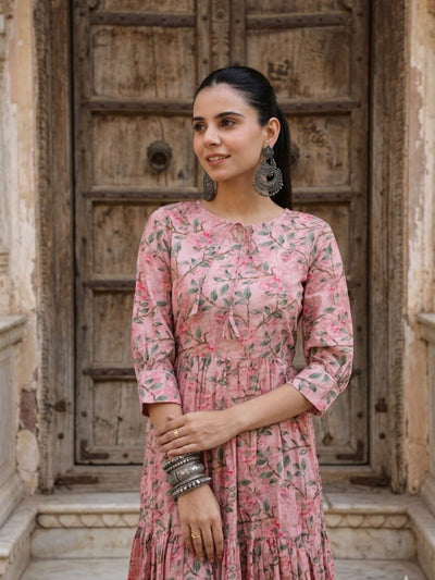 Indiehaat | Blockprinted Cotton Frill Dress Pink