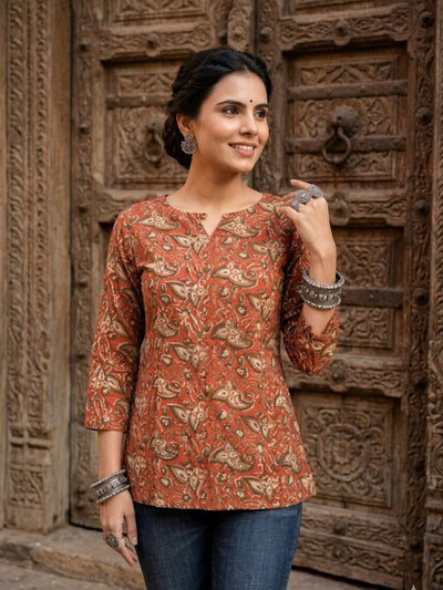 Indiehaat | Handprinted Pure Cotton Top Orange