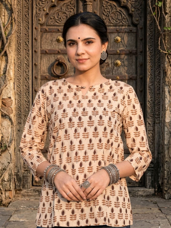 Indiehaat | Handprinted Pure Cotton Top Beige