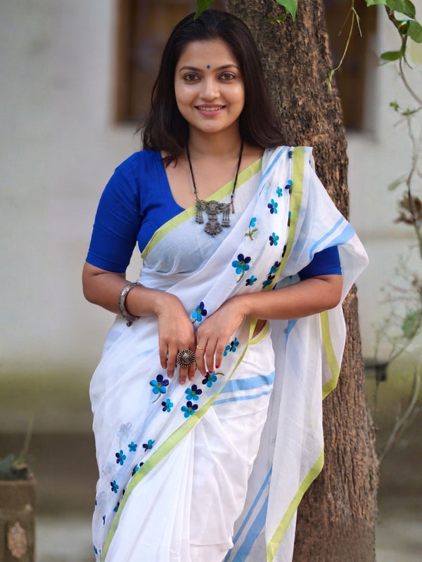 Indiehaat | Mul Cotton 120 Count Embroidery Saree White 