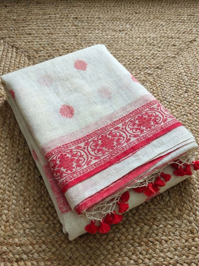 Indiehaat | Pure Linen Jamdani Saree White