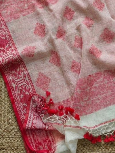 Indiehaat | Pure Linen Jamdani Saree White