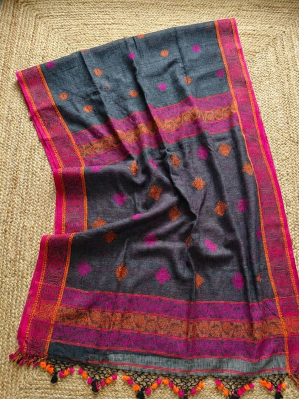 Indiehaat | Pure Linen Jamdani Saree Gray