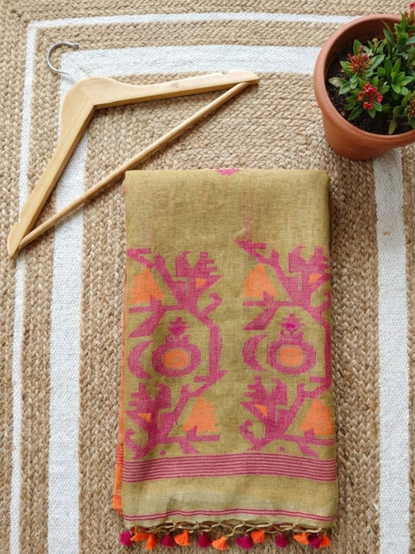 Indiehaat | Pure Linen Jamdani Saree Green
