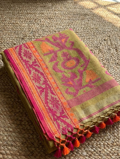 Indiehaat | Pure Linen Jamdani Saree Green