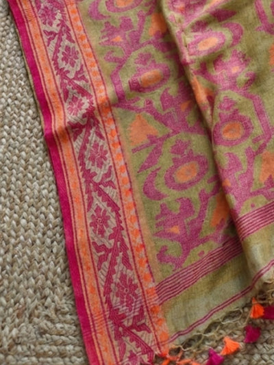 Indiehaat | Pure Linen Jamdani Saree Green