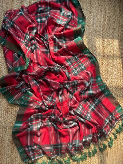 Indiehaat | Mul Cotton 120 Count Handloom Saree Red