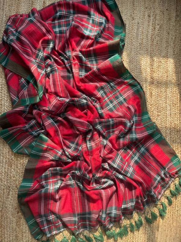 Indiehaat | Mul Cotton 120 Count Handloom Saree Red