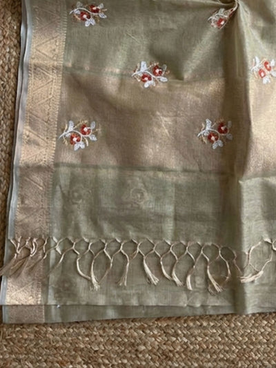 Indiehaat | Kota Doria Semi Silk Embroidery Saree Bronze